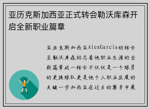 亚历克斯加西亚正式转会勒沃库森开启全新职业篇章